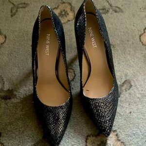 Black and silver, Nine West dressy heels. Size 8/EUR 38. Never worn wedge.